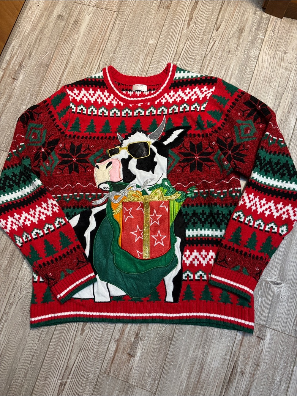Holiday Time Red and Green Cow Holiday Crewneck Sweater